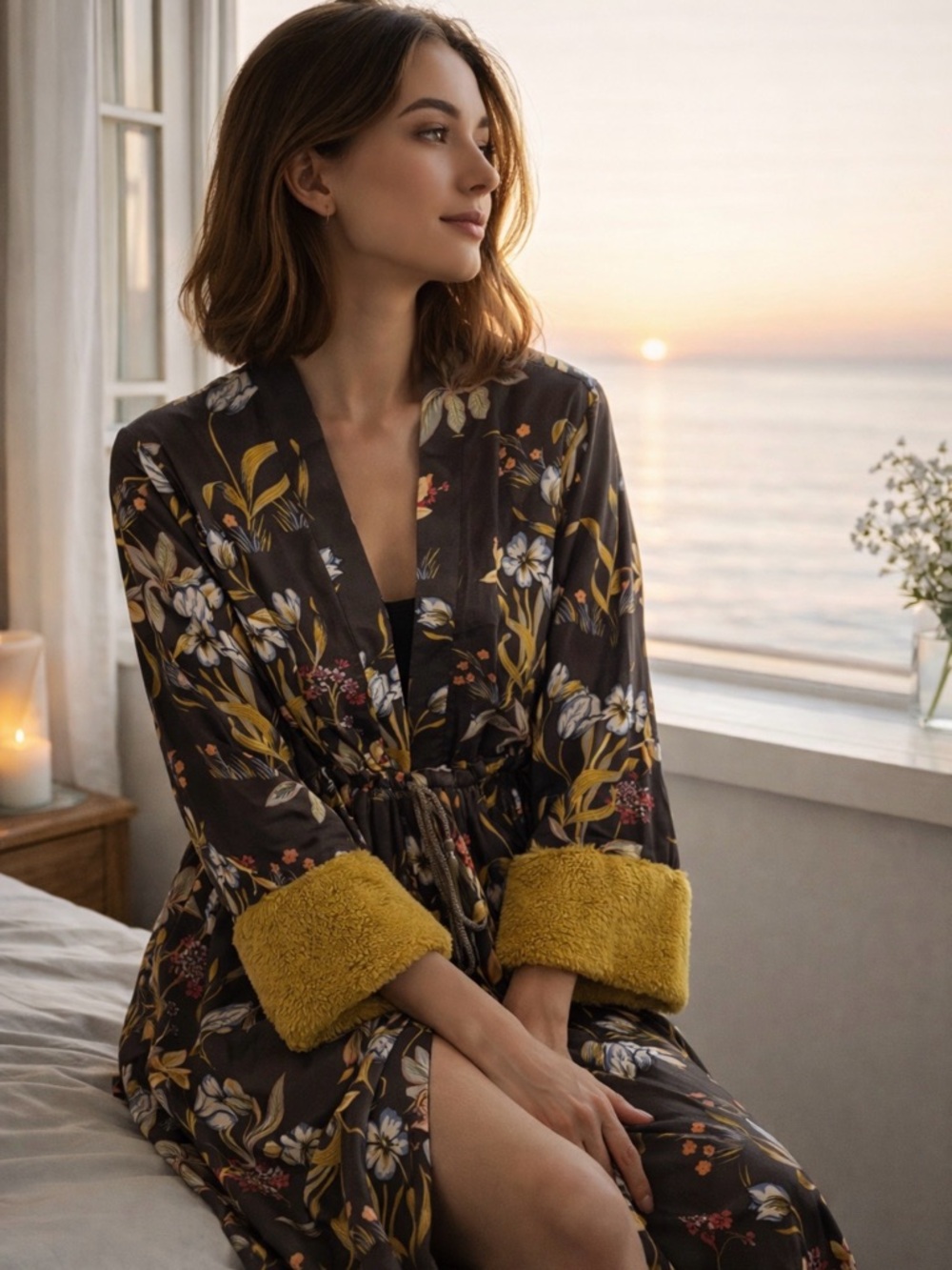 Willow & Clay Floral Satin Robe with Mustard Sherpa Cuffs